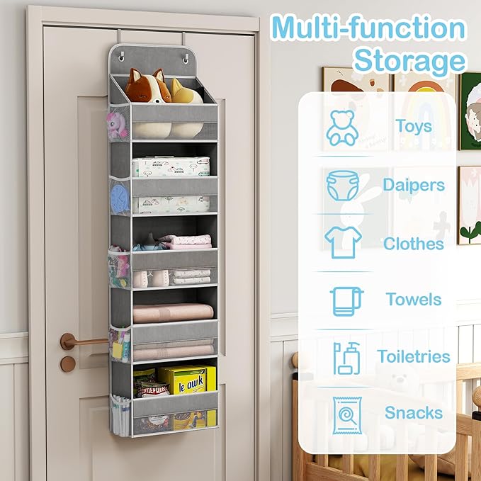LAMU 5 Tier Over the Door Organizer Hanging, 5 Large Pockets and 10 Side Pockets Behind Door Storage for Baby Toys, 44lbs Back of Door Organizers Shelf for Closet, Nursery and Bathroom, 1 Pack (Grey)