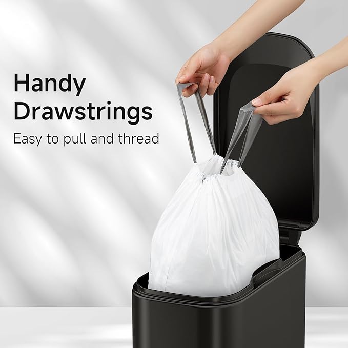 Drawstring 4 Gallon Trash Bags, Pre-Cut Strong Wastebasket Bin Liners, White Garbage Bags for Home, Office, Bathroom (Code D, 60 Count)