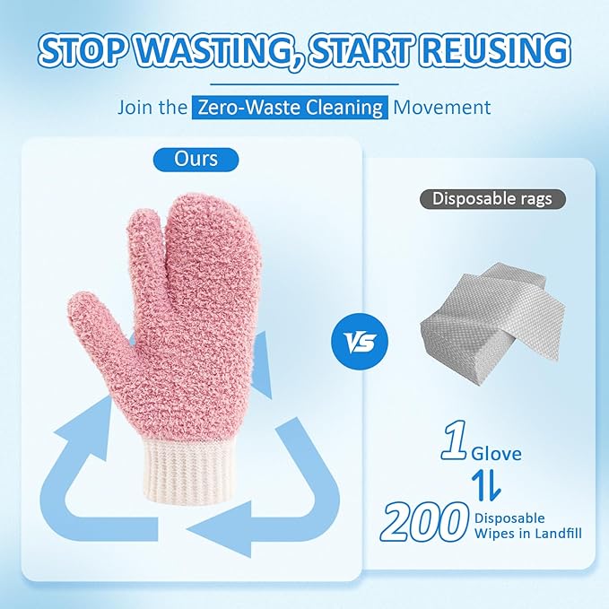 MIG4U Microfiber Dusting Gloves House Cleaning Glove for Blinds, Windows, Shutters, Furniture, and Car, Reusable Lint-Free Pink S/M