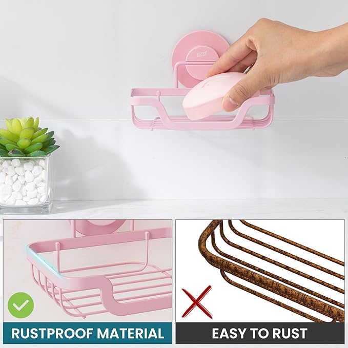 TAILI Soap Holder Bar Dish Suction Cup, Bar Shampoo Rack for Shower Wall, Draining Soap Saver Tray for Bathroom, Rustproof Stainless Steel Sponge Holder for Tub, Kitchen, Drill-Free, Pink