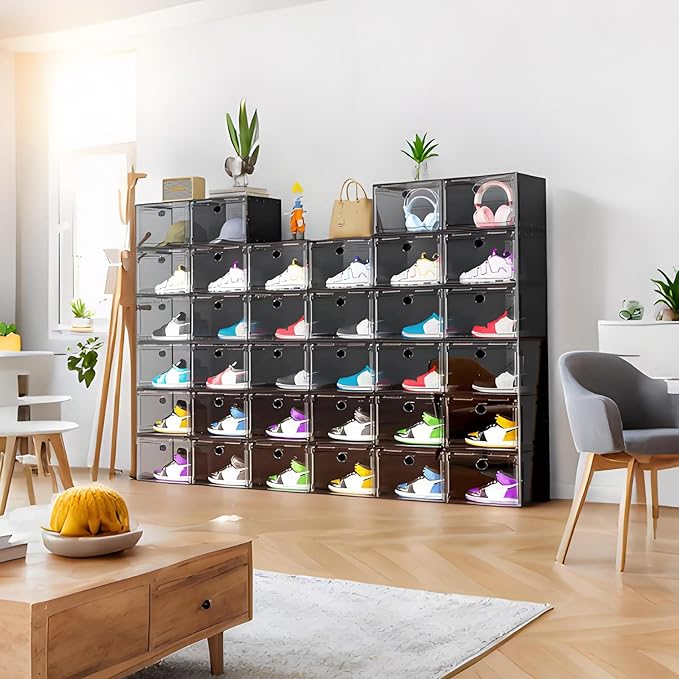 Large Shoe Boxes Clear Plastic Stackable, 8 Pack Drop Side Shoe Storage Boxes with Magnetic Door, Shoe Storage Organizer Sneaker Storage Display Fit up to US Size 13 Black