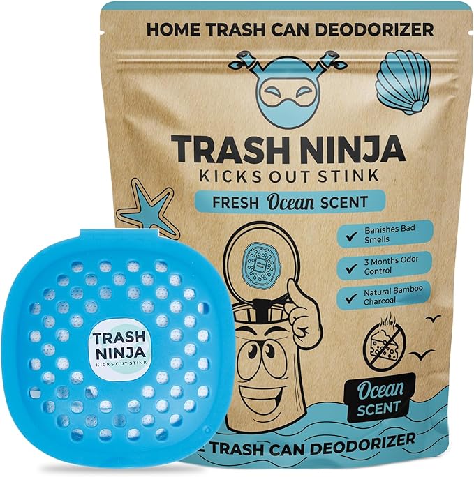 Trash Ninja Trash Can Deodorizer – Stick-On Air Freshener with Activated Charcoal and Fresh Ocean Scent for Kitchen, Bathroom, Fridge, Dumpster, and Trash Compactor Smell Removal
