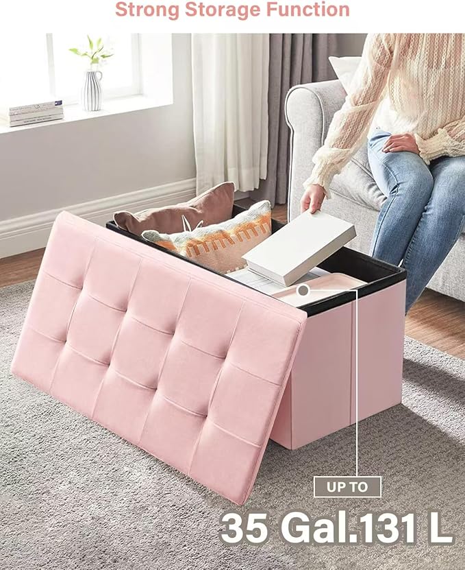 Folding Storage Ottoman, Velvet Storage Bench, Footrest, Removable Divider, for Living Room, Bedroom, 15 x 43 x 15 Inches, 660 lb Load Capacity, Jelly Pink UASND02P