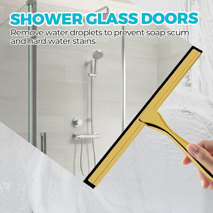 2PACK 12-Inch Golden All-Purpose Shower Squeegee for Shower Doors, Bath Linen Sets, Tile Shower Walls, Bathroom, Window, Glass and Car Windshield, Mirrors and Kitchen-Stainless Steel
