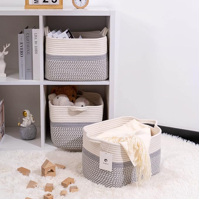 Medium and Large Woven Basket//With Handle, Used for Toys and Fabric Storage Basket used for Storing xl Storage Box, Decorative Storage Box Room 2pack (14L*10W*8.6H White/Gray, 14Lx10Wx8.6H)
