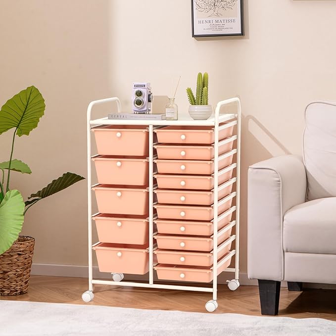 GOFLAME 15-Drawer Rolling Storage Cart, Multipurpose Movable Organizer Cart, Utility Cart for Home, Office, School, Peach Fuzz, 53825HW-GL