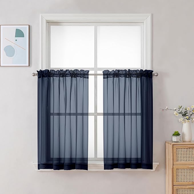 Chyhomenyc Navy Blue Sheer Curtains 30 inch Length 2 Panels, Light Filtering Voile Rod Pocket Short Window Curtians for Bathroom Living Room Farmhouse Small Windows, 42Wx30L inches