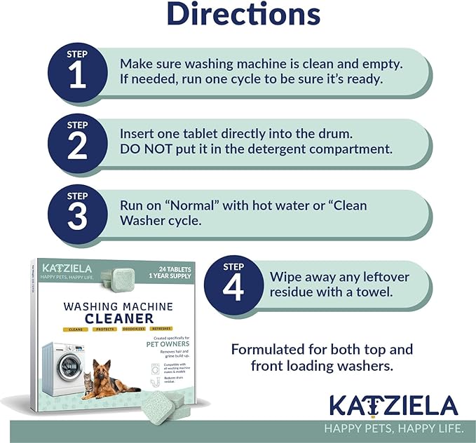 Katziela Washing Machine Cleaner Tablets – 24 Pack (12-Month Supply) – Formulated for Pet Owners – Helps Loosen Pet Hair & Eliminate Odors – Fragrance-Free, Enzyme-Based – Septic Safe & HE Compatible