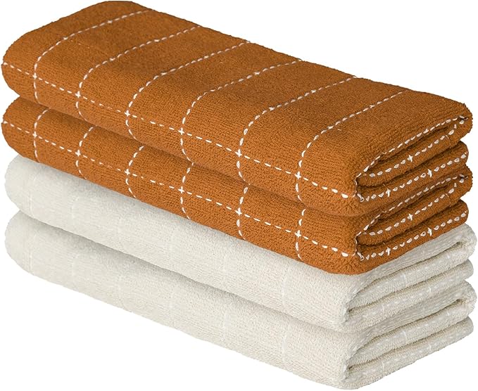 Artoid Mode Checkered Designed Cotton Beige Caramel Terry Kitchen Dish Towels, 15x25 Inch Soft Absorbent Quick Drying Cleaning Tea Towels Set of 4