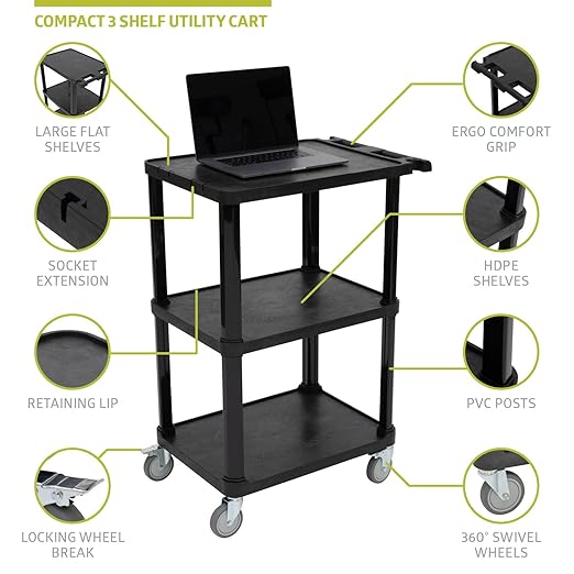 Pearington 3-Tier Compact Multi-Purpose Plastic Utility Cart with Lockable Wheels up to 300LBS, Black