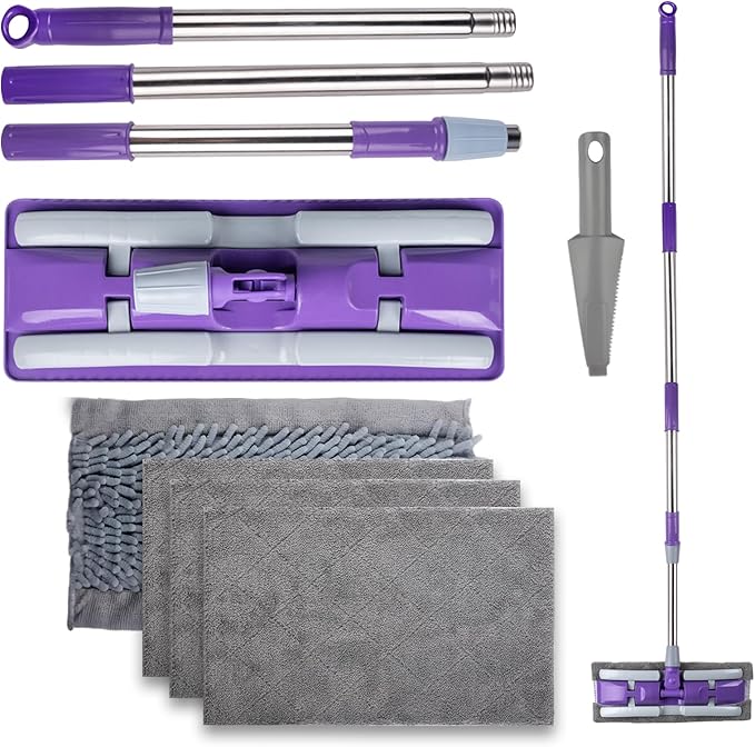 ITTAHO Microfiber Flat Mop Floor Cleaning System,Wet & Dry Dust Mopping with Stainless Steel Telescopic Handle,4 Reusable Mop Pads , Mops for Home,Laminate,Tile,Hardwoods Cleaning (Purple)
