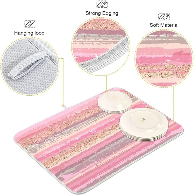 Pink Gold Stripe Dish Drying Mat for Kitchen Countertop 16x18 Rectangle Small Drying Mat Reusable Quick Dry Dish Sink Absorbent Mats Dishwasher Easy Clean Decorative Home Decor Essentials
