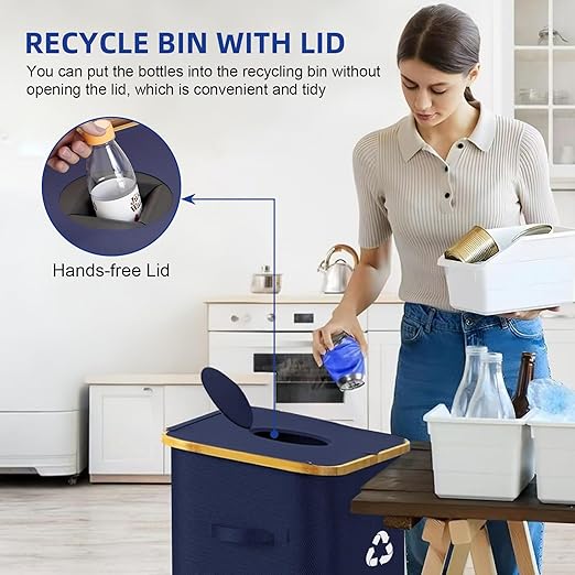 26 Gallon Recycling Bin for Kitchen, 100L Recycle Bin with Lid, Recycle Bins for Kitchen with 4 Wheels(Lockable),2 Reusable Inner Bags, for Bottle Can Glass Plastic Stickers, Dark Blue