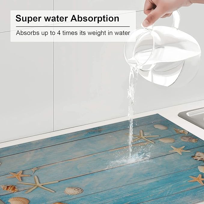 Seashells Starfish On Blue Wood Absorbent Microfiber Xl Dish Drying Mat For Kitchen Countertop Extra Large Reversible Drainer Rack Pad 18 X 24 Inch