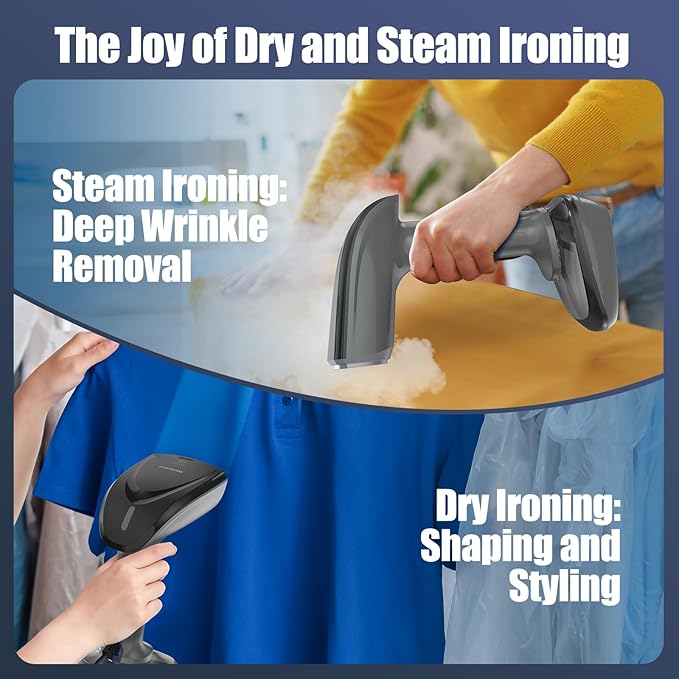 Powerful Handheld Fabric Steamer - 1800W with Fast Ceramic Heat-Up Plate, 2-in-1 Ironing & Wrinkle Remover, Steam Nozzle, Lint Brush - Gray, for US 120V Only