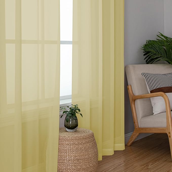 Chyhomenyc Yellow Sheer Curtains 72 Inch Length 2 Panels, Light Filtering Soft Airy Rod Pocket Voile Window Curtain Drapes for French Door Bedroom Living Room, Each 42Wx72L Inches