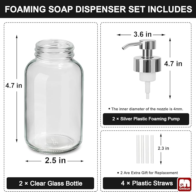 GMISUN Foaming Soap Dispenser, 2 Pcs 8.5 Fl oz Clear Glass Soap Dispenser, Modern Hand Soap Dispensers for Bathroom & Kitchen, Refillable Foam Soap Dispensers with Silver Pumps & Waterproof Labels
