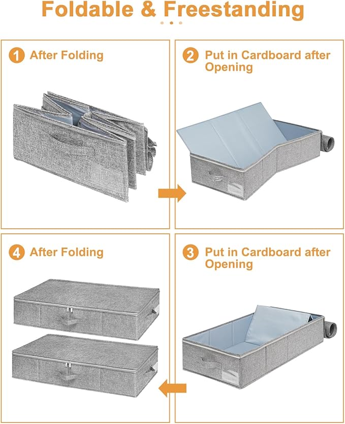 Under Bed Storage, 2 Pack Underbed Storage Container Bags With Lid, Foldable Sturdy Clothes Storage Drawer Organizer W/ 3 Handles, Ultra Thick Fabric Blanket Shoe Storage Box, 30x15x6.7inch, Grey