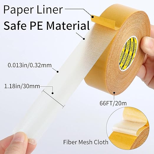 Double Sided Tape Heavy Duty, 1.18" x 66FT, Universal High Tack Strong Wall Adhesive with Fiberglass Mesh, Super Sticky Resistente Clear Tape, Easy Use Mounting Tape Office Decor