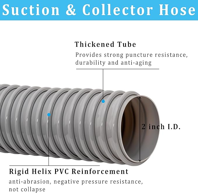 Dust Collection Hose 2 in × 10 ft Heavy Duty Flexible PVC Reinforced Thicken Helix Suction Discharge Corrugated Pipe Hose for Fume Dust Collector Fitting Wood Chip Saw (2 inch gray hose)