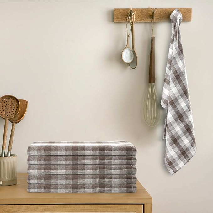 Kitchen Towels Set of 6 Brown/Ivory Checks 20x30 Inches 100% Cotton Highly Absorbent Kitchen Towels Premium Quality Ultra Soft Mitered Corners