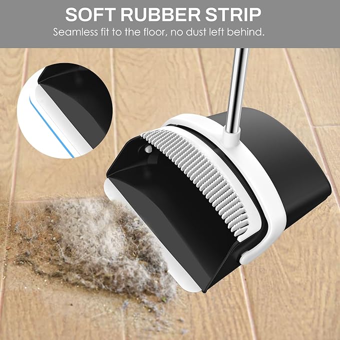 Broom and Dustpan Set for Home, 51-in Long Adjustable Handle Angle Broom and Dustpan Combo Set with Dust Pan Teeth to Clean Hair for Home Kitchen Office Lobby Floor Garden (Black&White)