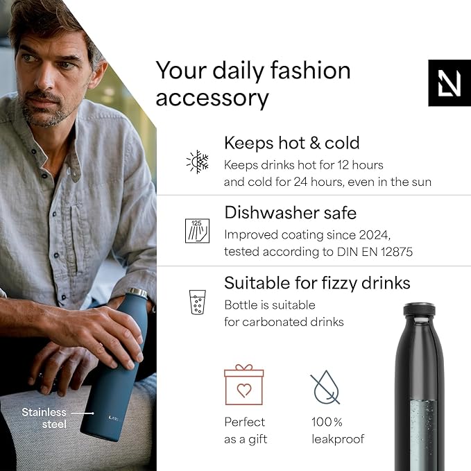 LARS NYSØM Stainless Steel Insulated Water Bottle 12oz 17oz 25oz 34oz 51oz | Insulated Thermo Flask for Hot and Cold Beverages | Leakproof Drinking Bottle (Carbon Black, 25.4oz)