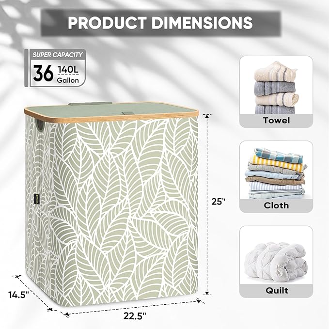 BALEINE Laundry Hamper with Lid, Tall Laundry Baskets with Bamboo Pull Handles, Large Laundry Bin with Internal Support (36 Gal/140L, Antique Foliage)