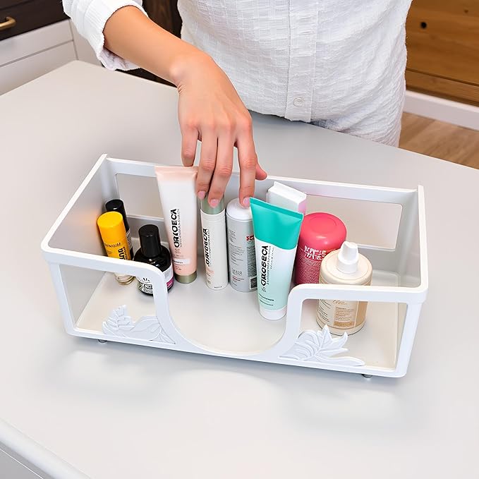 Metal Napkin Holder for Bathroom and Kitchen - White Floral Design Disposable Hand Towel Holder Tray, Guest Towel Organizer for Countertop, Paper Napkin and Towel Dispenser (White)