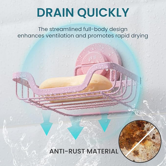 TAILI Soap Holder Bar Dish Suction Cup, Bar Shampoo Rack for Shower Wall, Draining Soap Saver Tray for Bathroom, Rustproof Stainless Steel Sponge Holder for Tub, Kitchen, Drill-Free, Pink