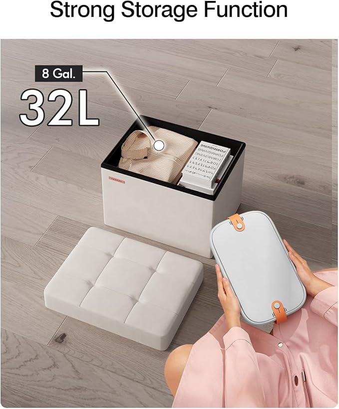 Folding Storage Ottoman, Velvet Storage Bench, Footrest, End Stool, Foot Stool,for Living Room, Bedroom and Office,12.2 x 16.1 x 12.2 Inches, 300 kg Load Capacity,Cream White, UASND03W