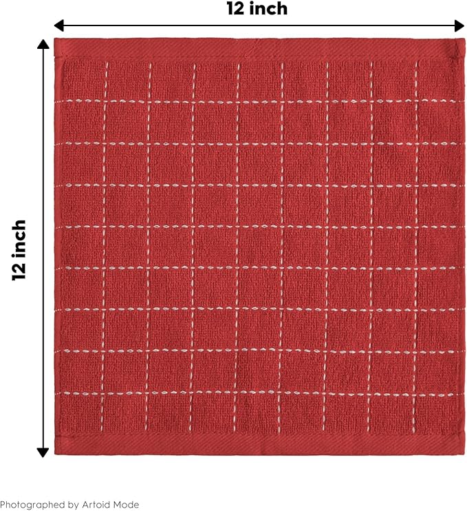 Artoid Mode Checkered Designed Cotton Red Terry Kitchen Dish Cloths, 12x12 Inch Soft Absorbent Quick Drying Cleaning Kitchen Rags Set of 6