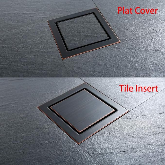RANDOM Oil Rubbed Bronze Shower Drain Square with Removable Tile Insert Shower Drain Cover and Hair Strainer SUS 304 Stainless Steel 6 inch Shower Floor Drain