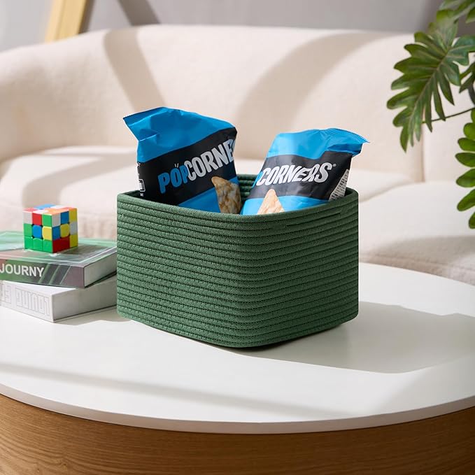 Small Organizing Baskets for Cubes Shelf, 9.7x9.7x7.1 Inch Rope Woven Storage Bins for Nursery Shelves Storage, Cute Toy Basket, Square 3 Packs Green