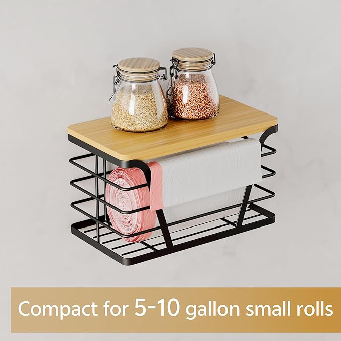 Small Grocery Bag Holder, Trash bag holder with Removable Bamboo Top, Wall Mount, No Drill, Stainless Steel, Black