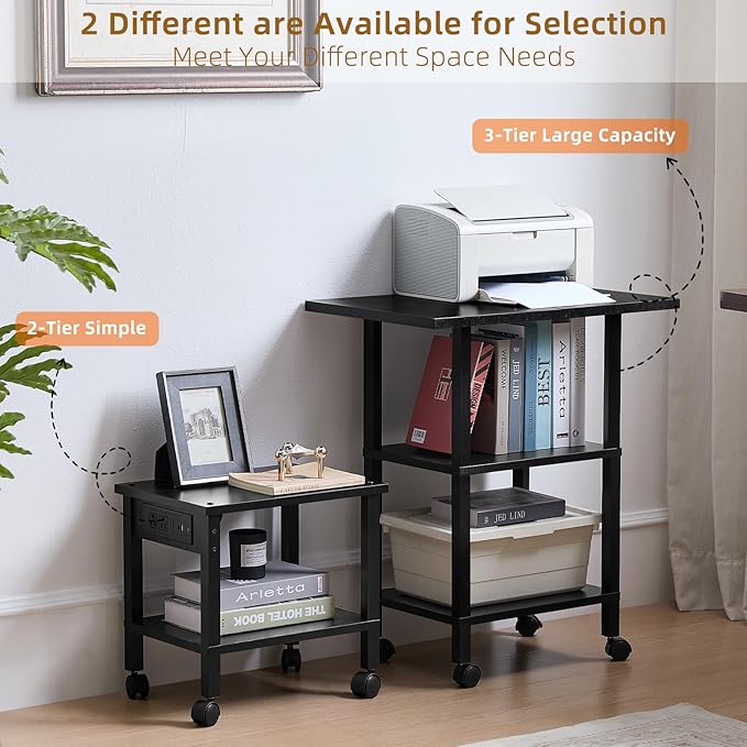 Lerliuo 3 Tier Printer Stand with Storage, Printer Table for Home Office, Wooden Rolling Printer Cart Shelf with Lockable Wheels fit Fax Machine, Scanner(Black)