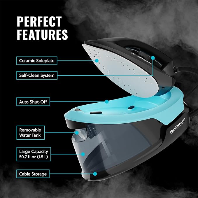 Pursteam Steam Station Max Ceramic Soleplate Steam Iron for Clothes 1500W, 50.7oz Removable Water Tank, Fast Heat Up Self-Clean, Auto Shut-Off, Professional Iron Steamer for Ironing
