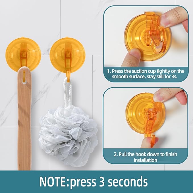 Suction Cup Hooks, 5 Pack Wreath Door Hanger, Removable Small Suction Cups for Shower, Bathroom, Glass, Door, Windows, Kitchen-Up to 11 lbs on Smooth Surface-2 Hooks Design (Transparent Orange)
