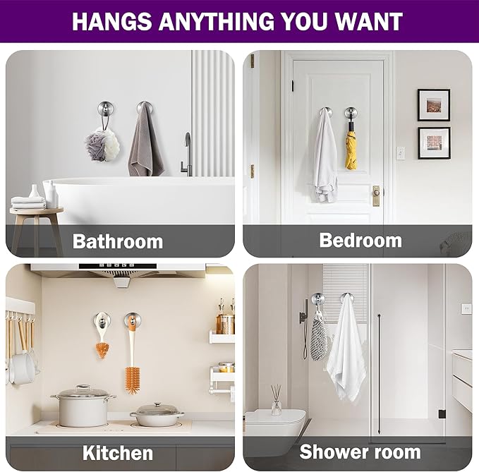 JOMOLA Brushed Stainless Steel Shower & Bathroom Hooks - No Drill Adhesive-Free Suction Cup Hardware, Rustproof Waterproof Metal Wall Mount for Towel Robe, Damage-Free (4-Pack)