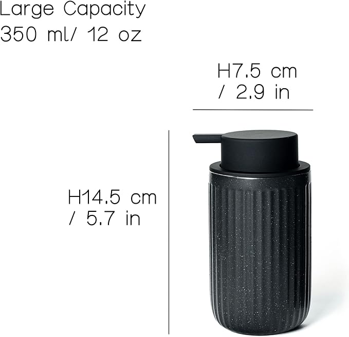 Black Ceramic Foaming Soap Dispenser, Speckled Rippled 12 oz Bottle with Black Silicone Pump, Foam Dispenser for Kitchen or Bathroom, Speckled Black
