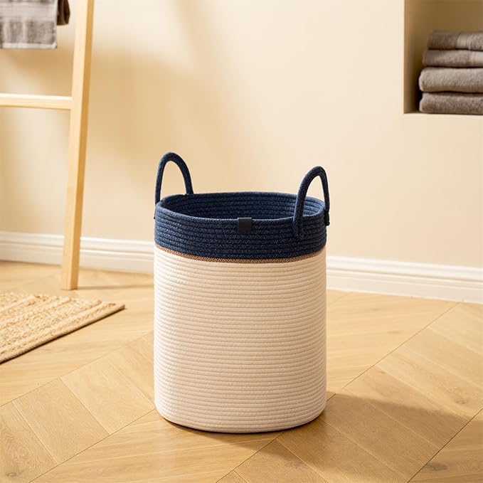 LA JOLIE MUSE Woven Basket Rope Storage Baskets - Large Cotton Organizer, Basket for Baby Blanket, Kids Toy Nursery Laundry Basket Navy Blue M