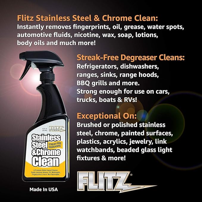 Flitz Stainless Steel & Chrome Clean - 16oz Bottle, USA-Made Stainless Steel Cleaner Spray for Appliances - Grill, Fridge, Sink Stain Remover - Also Works on Aluminum Surfaces (6 Pack)