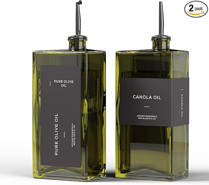 Olive Oil Dispenser for Kitchen, 16.9 oz/ 500 ml Olive Oil Dispenser Bottle, Glass Oil Bottles for Kitchen with 4 Stainless Steel Pourers, 40 Labels, 2 Pcs, Green