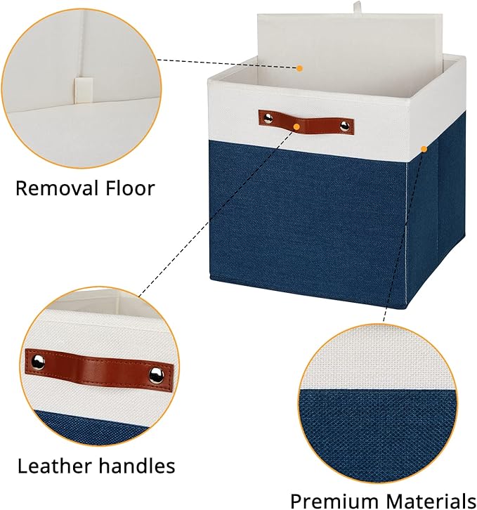 DULLEMELO 13 inch Cube Storage Bins, Gift Baskets Empty for Boy Girl Mother Father Christmas Festival,Fabric Storage Bins Cube Organizer Baskets With Leather Handles(White&Blue-4 Pack)
