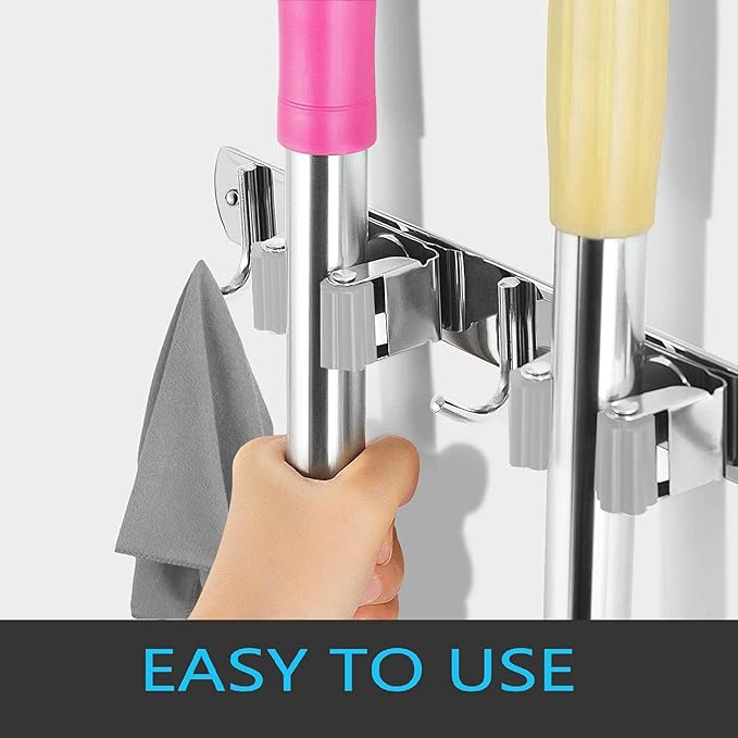 Mop and Broom Hanger Wall Mount, stainless steel Broom Hook Organizer Wall Mounted, Heavy Duty Mop Holder Storage Rack - 3 Racks 4 Hooks for hanging brooms and mops