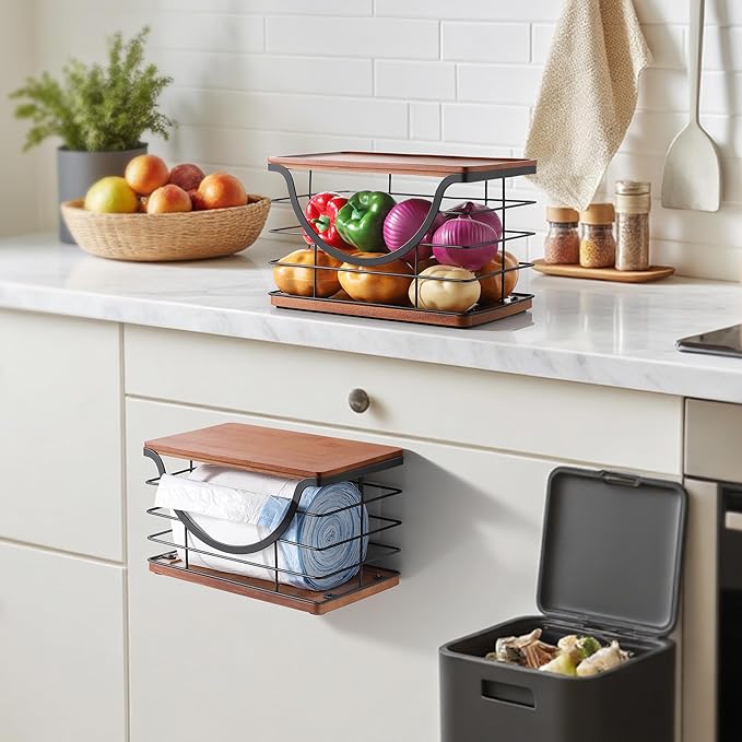 Extra Large Trash Bag Holder Stackable Kitchen Storage, 2 Pack Wall Mounted Pantry Organizers and Storage with Bamboo Top, Garbage Bag Dispenser Under Sink for Laundry Room and Kitchen