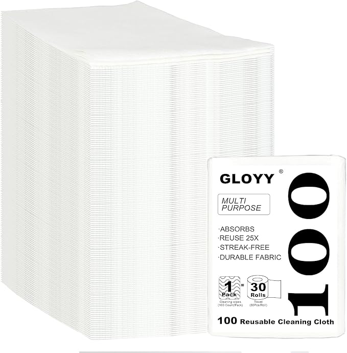 100 Count Disposable Cleaning Towels and Dish Cloths,Super Absorbent Dishcloths,Multi-Surface Cleaning Wipes for Kitchen Dishes, Windows, Bathroom (White)