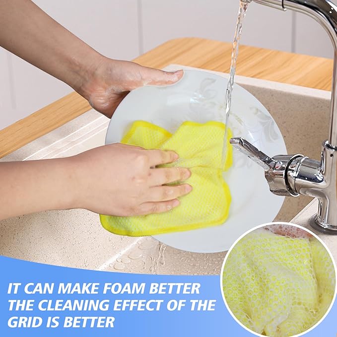 KinHwa Kitchen Washcloths for Dishes Absorbent Microfiber Dish Cloths Quick Dry Dish Rags with Poly Scour Scrub Side Ideal for Kitchen Cleaning (Yellow, 7inchx7inch 9 Pack)