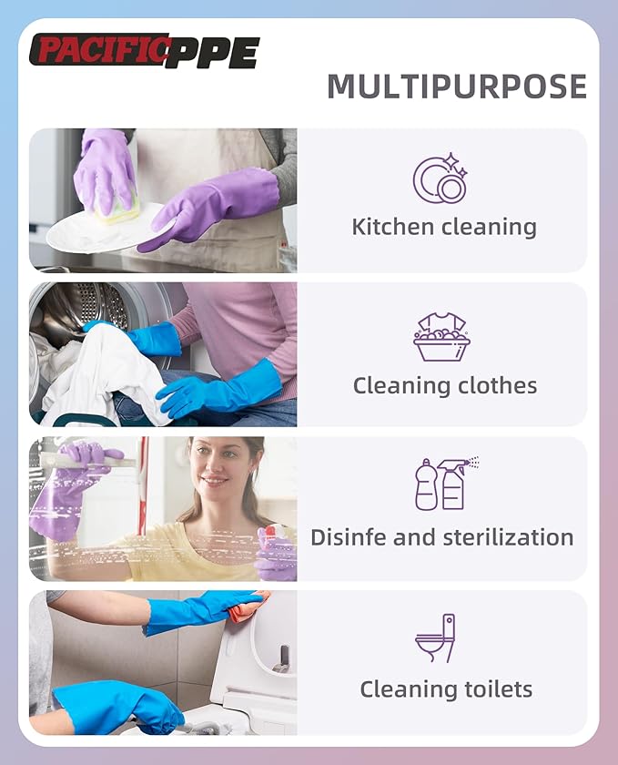 PACIFIC PPE 4 Pairs Reusable Dishwashing Cleaning Gloves with Latex Free, Cotton Lining, Kitchen Gloves, Blue, Large