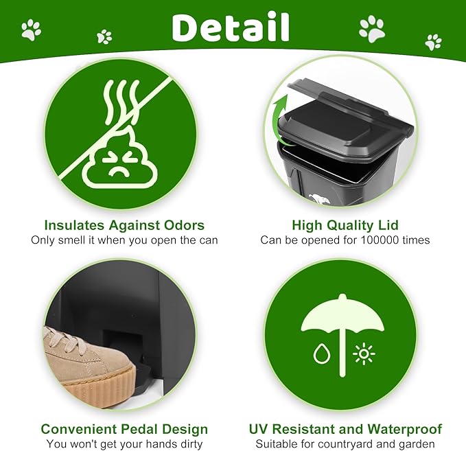 Dog Poop Trash Can Outside, 20L/5Gallon Pedal and Removable Inner Waste Bin, Outdoor Dog Poop Trash Can with 100 Bags, Pet Waste Container for Garden, Black